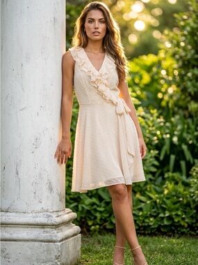 Bizz Cream Swiss Dot Ruffle Wrap Dress NWT Size Medium MSRP $84